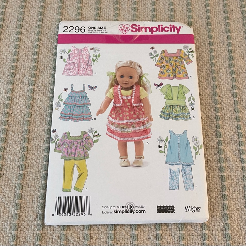New Simplicity Doll Clothes Sewing Pattern 2296